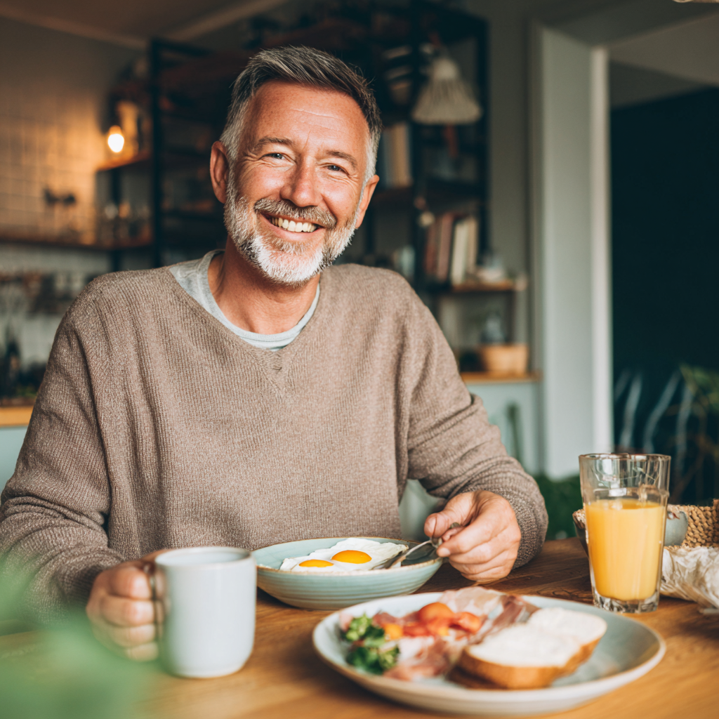 Mature man enjoying healthy breakfast at home