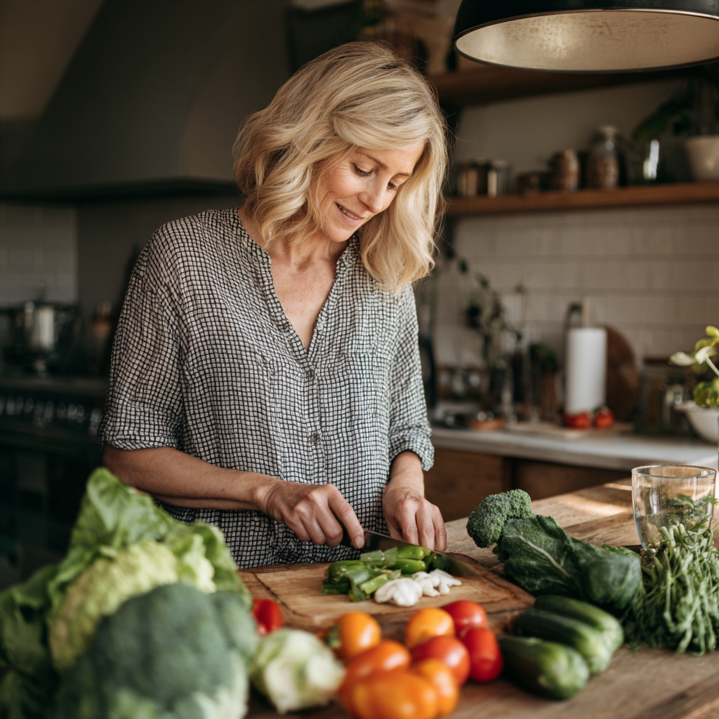 Middle-aged woman preparing healthy meal with fresh vegetables
